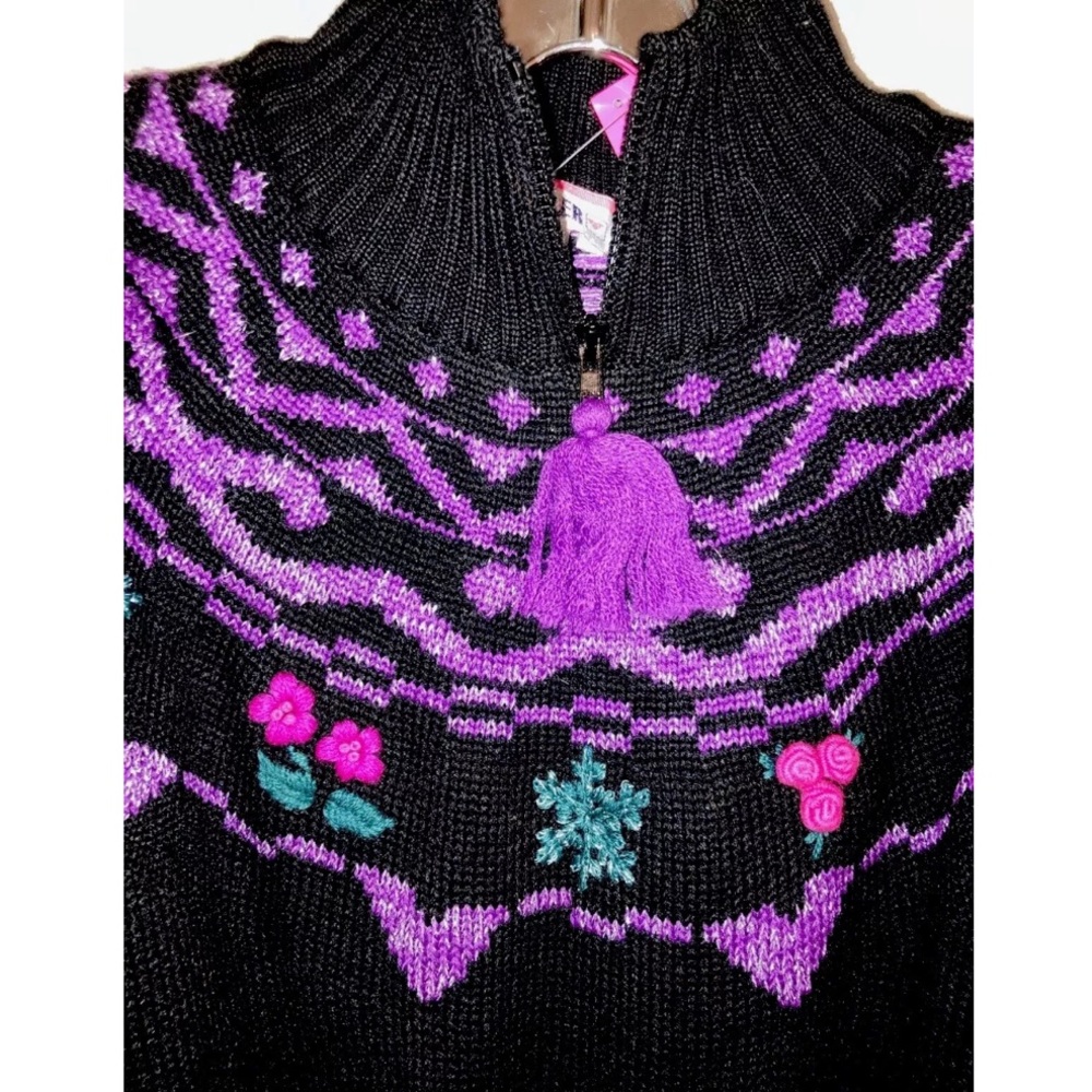 New Vintage 80s Obermeyer wool blend Fair Isle Folk Sweater Floral embroidered L